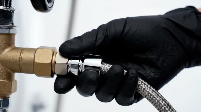 Mechanic tightening a flexible metal hose onto a brass fitting. Close-up of hands in black gloves performing gas or heating system maintenance. Industrial assembly