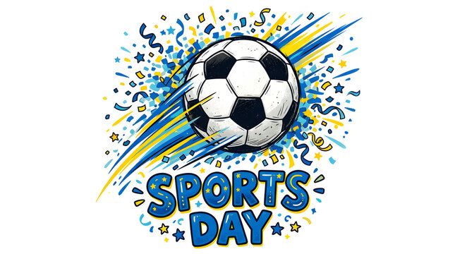 Vibrant sports day celebration with basketball, soccer ball, and tennis racket