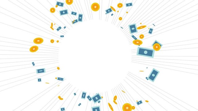 Wealth Rotation Background. Animated financial motion graphic with circulating coins and bills on a clean white background. Perfect for business, profit, and success concept videos