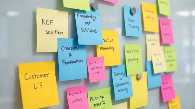 Colorful sticky notes on a wall, brainstorming ideas and solutions