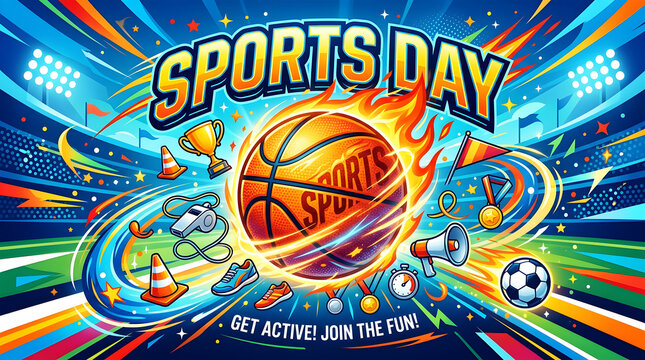 Vibrant sports day celebration with basketball, tennis, and soccer