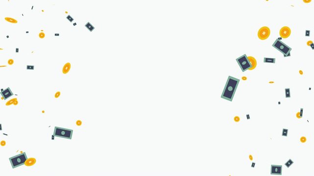 Falling Money and Coins Background. An animated financial motion graphic featuring bills and coins drifting downwards. Perfect for business success, wealth, and economy presentations