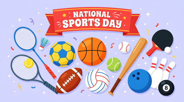 Vibrant sports gear and banner celebrating national sports day equipment basketball