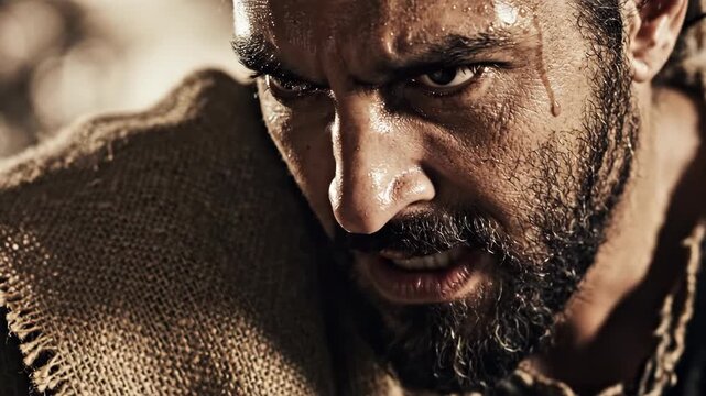 Extreme close-up of Cain with sweat dripping and an angry expression. Biblical figure showing intense rage and fury. Dramatic facial detail of a man in distress. Genesis narrative