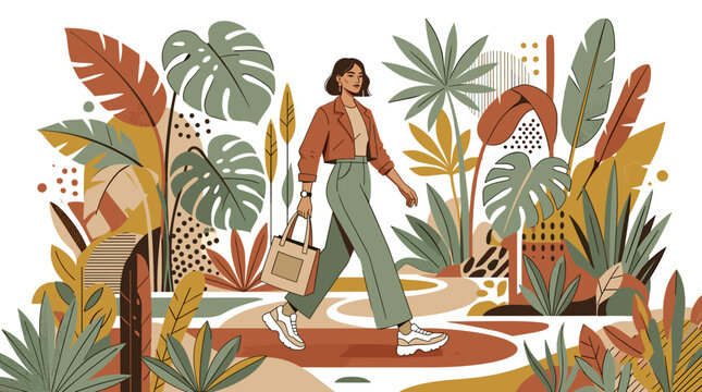 A serene stroll through a vibrant, stylized botanical garden, where a woman finds peace amidst lush, abstract foliage and an imagined tropical landscape perfect for a mindful escape