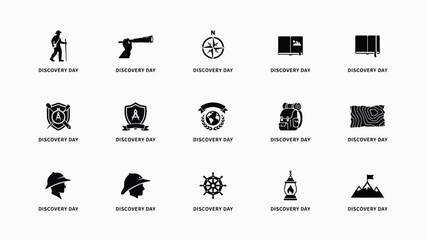 Fifteen minimalist black and white icons celebrating exploration and adventure themes for event promotion with arranged grid promotional educational event use modern © PRITOM