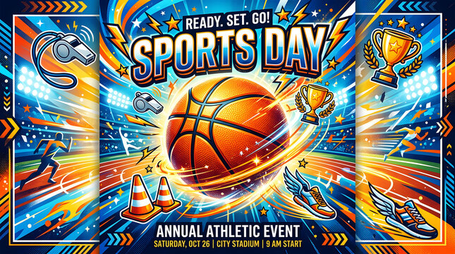 Vibrant sports day event poster with basketball, running track, and cheerleaders