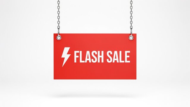 Red flash sale sign hanging from silver metal chains isolated as a banner on white background