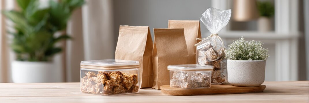 Clean label date snack packaging lineup in jars and kraft bags for healthy product mockup background and minimal pantry or shelf display design