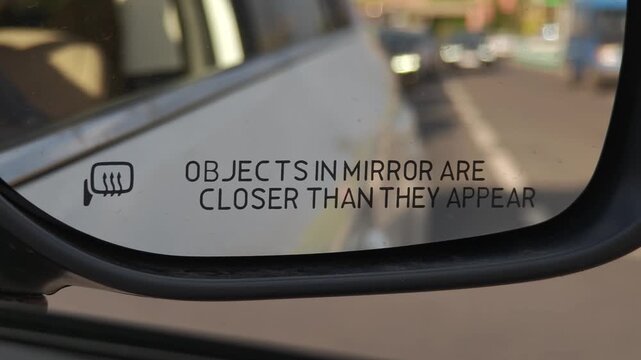 Car's heated side mirror with a safety warning, reflecting blurred traffic on a city street. View from inside a vehicle driving