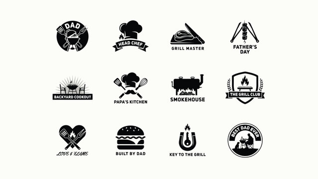 Black and white father's day and grilling themed logos collection with monochromatic collection twelve distinct logos centered around fatherhood grilling themes