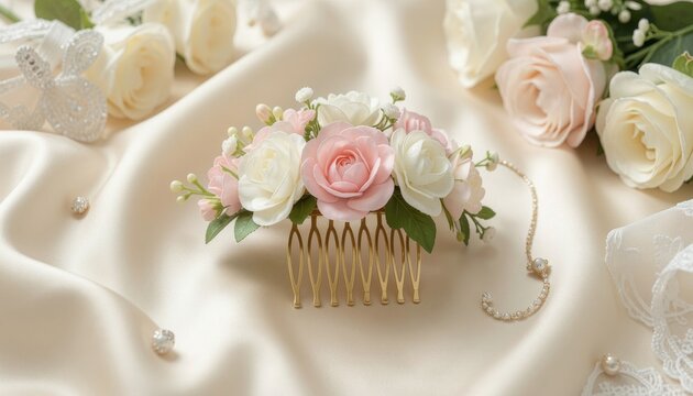 Bride pearl hair comb with pale roses on satin in romantic wedding accessory flat lay