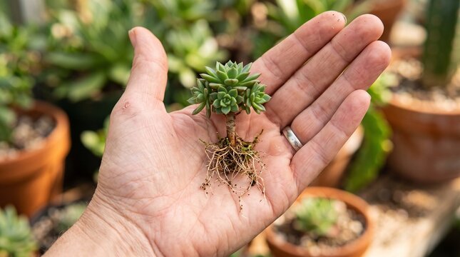 detailed Macro photo of hand holding tiny succulent 2k showing abstract micro structural details and textures with professional studio lighting