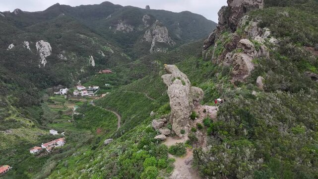 Drone Flight Toward Roque del Pil&oacute;n Above Chamorga Village on the Hiking Trail to Faro de Anaga, Anaga Rural Park, Tenerife, Canary Islands, Spain