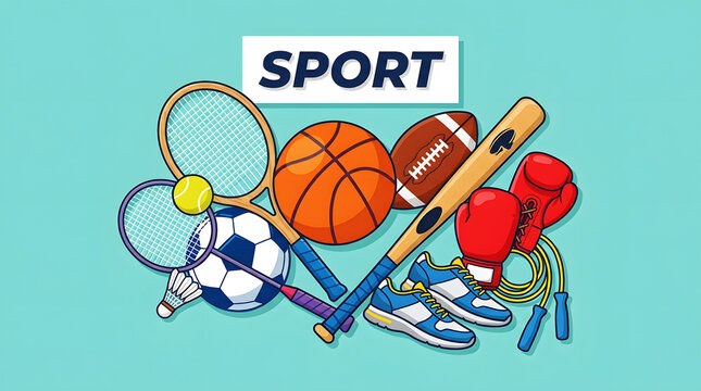 Vibrant tennis racket, baseball bat, and hockey stick with ball