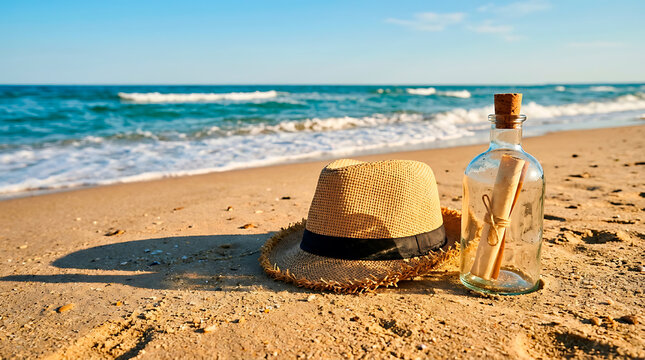 Straw hat and message in a bottle on a sandy beach