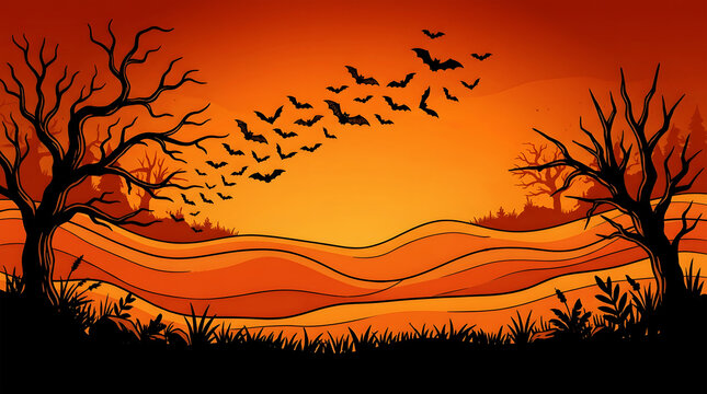 Vibrant sunset with silhouetted trees and rolling hills silhouettes landscape