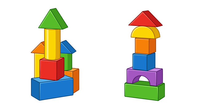Colorful building blocks stacked in two towers, one with a house shape and the other a simple tower vector