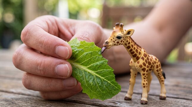 detailed Macro photo of hand holding lettuce leaf giraffe showing abstract micro structural details and textures with professional studio lighting