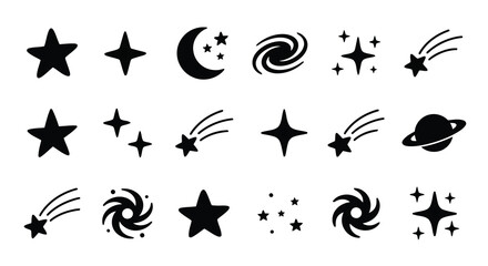 Celestial Elements Vector Illustration Featuring Stars Planets And Cosmic Swirls On A White Background © Emon