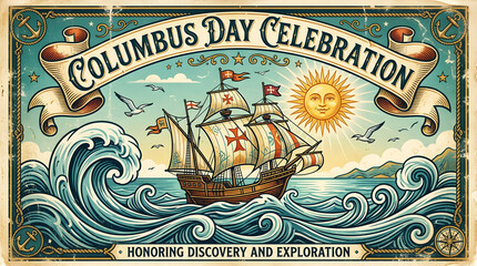 Vintage of columbus day celebration with sailing ship and sun waves