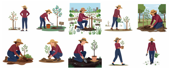 Fototapeta premium Set of flat vector illustrations of a female gardener planting and caring for trees for environmental reforestation, sustainability, and urban greening projects.