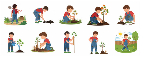 Fototapeta premium Kid Gardener Character Planting Tree Stages Vector Illustration for Earth Day and Ecology Education