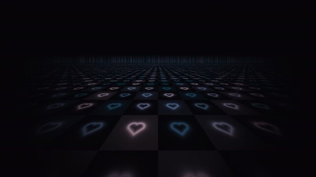 Hearts illuminate a dark grid in an space