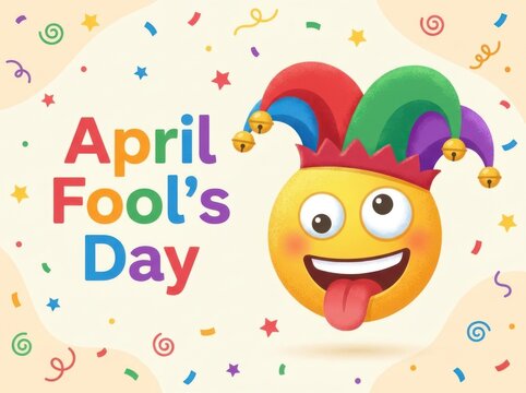 April fools day greeting card with a funny emoji wearing a colorful jester hat with bells on a festive confetti background