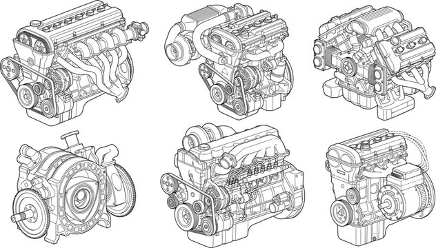 Automotive Engine CAD Drawing Collection with Multiple Mechanical Engine Configurations Technical Vector Set