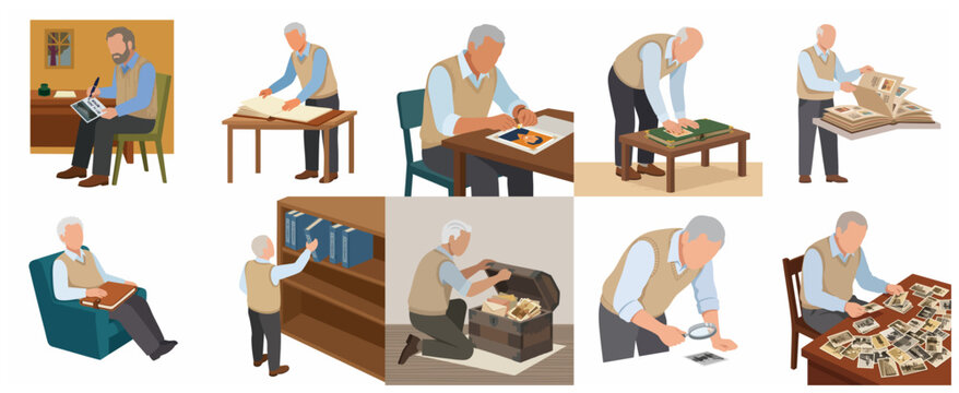 Senior Man Remembering Past Memories with Photo Albums and Family Photos Illustration Set