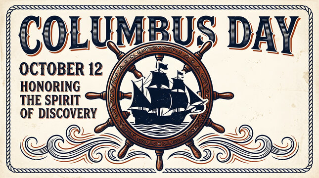 Vintage poster celebrating columbus day with sailing ship, october 12