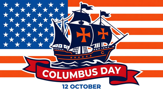 Vintage ship and eagle shield celebrating columbus day, october 12 stars stripes
