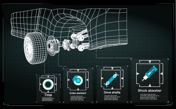 Car suspension design shows components like tires, brake assistant, drive shafts, and shock absorber in a detailed view