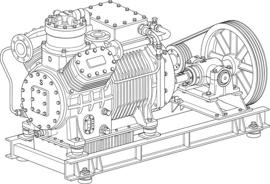 Industrial Reciprocating Compressor CAD Drawing with Flywheel Drive Technical Line Art Vector Illustration