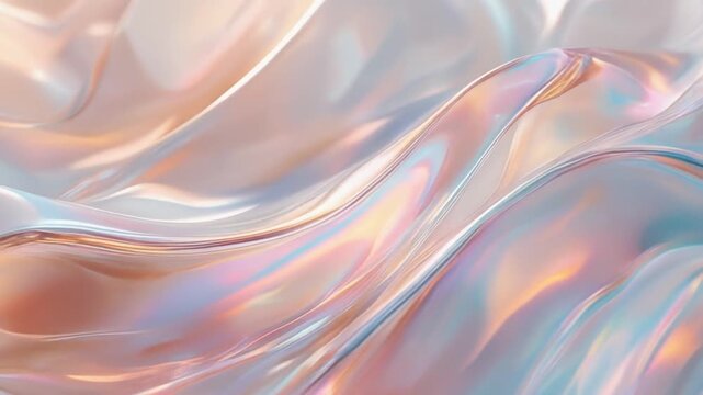 Opalescent crystal sheets flow like glass with iridescent pearl, champagne, aqua and blush reflections, soft studio lighting and elegant optical depth for luxury branding background.