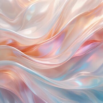 Opalescent crystal sheets flow like glass with iridescent pearl, champagne, aqua and blush reflections, soft studio lighting and elegant optical depth for luxury branding background.