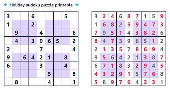 Holiday sudoku puzzle printable including solution key for kids and adults, logic brain training activity sheet for education and mental wellness