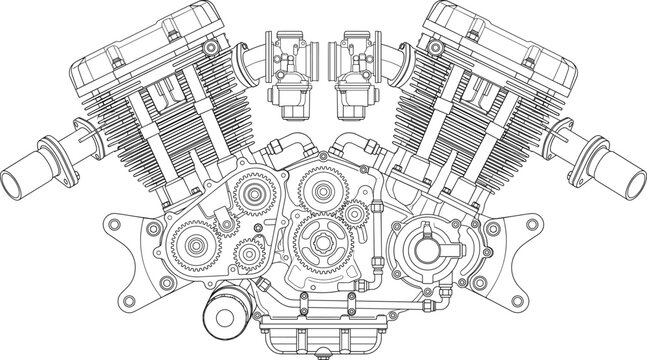 V Twin Motorcycle Engine CAD Drawing with Gear Train Technical Line Art Vector Illustration