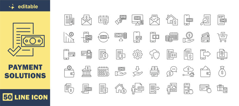 Payment Solutions Editable Stroke Line Icon Set &ndash; Digital Payment, Online Banking, E-Wallet, Invoice, Mobile Transaction and Financial Services Outline Icons