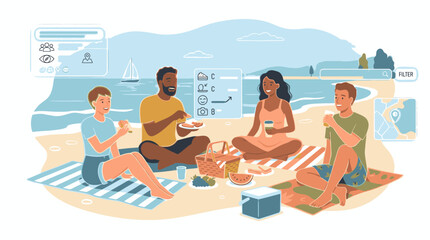 Obraz premium Illustration of a diverse group of four people sitting on a beach with a laptop and food, surrounded by digital interface elements and a serene ocean background.