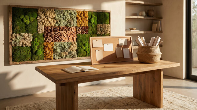 Sustainable Home Office Interior With Moss Wall And Autumn Seed Pods