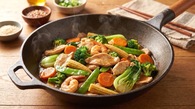 Traditional Mixed Vegetable Capcay in Rustic Wok for Authentic Asian Dining