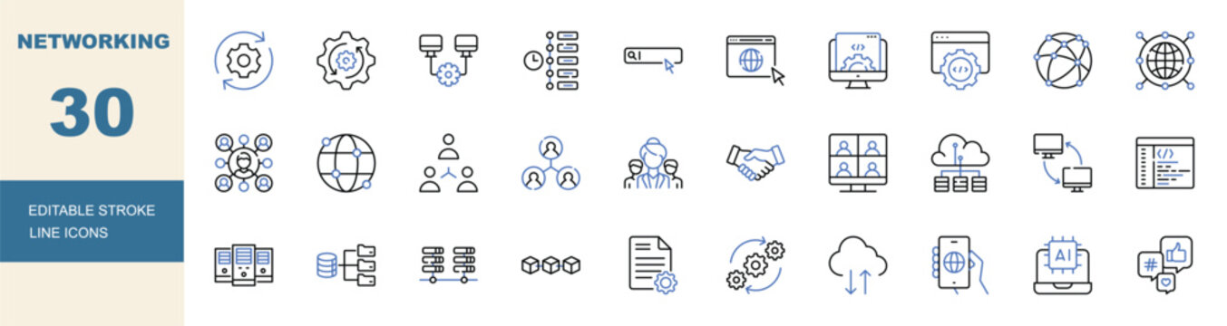 Networking icon set. Editable line icons connection, server, cloud computing, communication and technology vector illustration