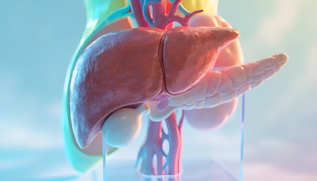 Human liver gallbladder and pancreas anatomical model. Digestive tract organs and internal biology. Medical display showing detailed hepatic and pancreatic structures in laboratory