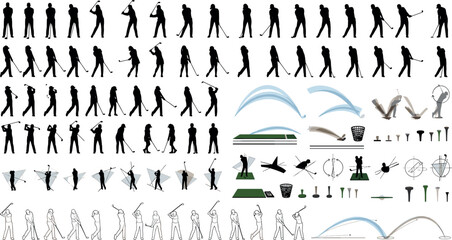 Golfer Swing Motion Sequence and Sport Training Element Vector Set Featuring Male Female Player Silhouettes Ball Trajectories Tees and Line Outlines © Md
