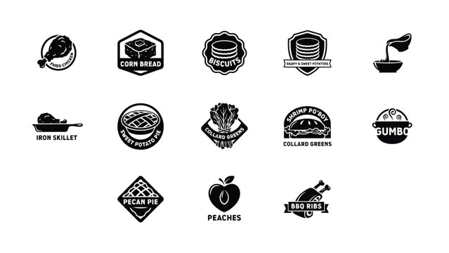 Black and white minimalist icons showcasing classic southern comfort food dishes with cooking techniques ingredients