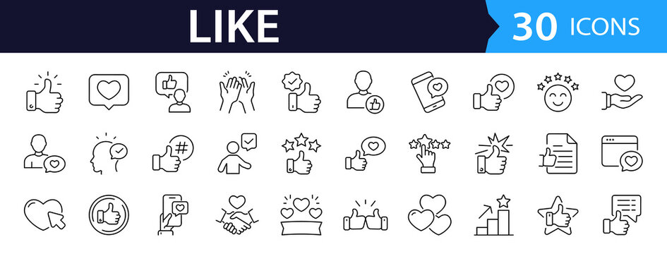 Like Web Icon Set in Linear Style. Collection of Thumb up line icons, including thumb up, like gesture, favorite, positive, liked, satisfaction, dislike, heart, social media, feedback, rating and more