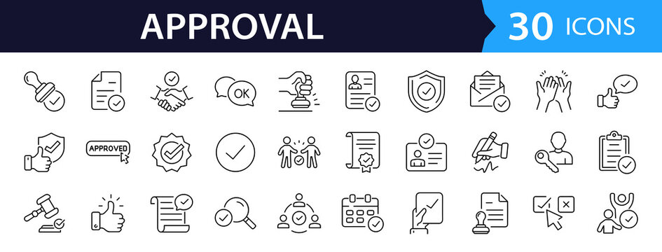 Approval Web Icon Set in Linear Style. Collection of Approved line icons, including except, thumbs up, approval, validation, agreement, check mark, ok, agreement, stamp, certified. Editable stroke