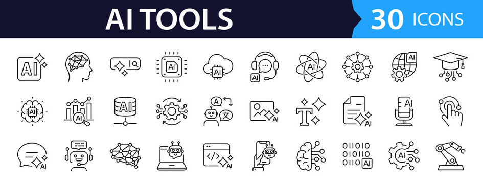 Artificial intelligence Web Icon Set in Linear Style. Collection of Machine learning line icon, including aI tools, smart assistant, algorithm, digital AI technology, neural network, data processing